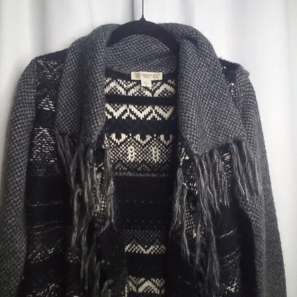 Vintage America Cardigan Sweater M Open Front Fringe Long Sleeve Black White - Picture 7 of 14